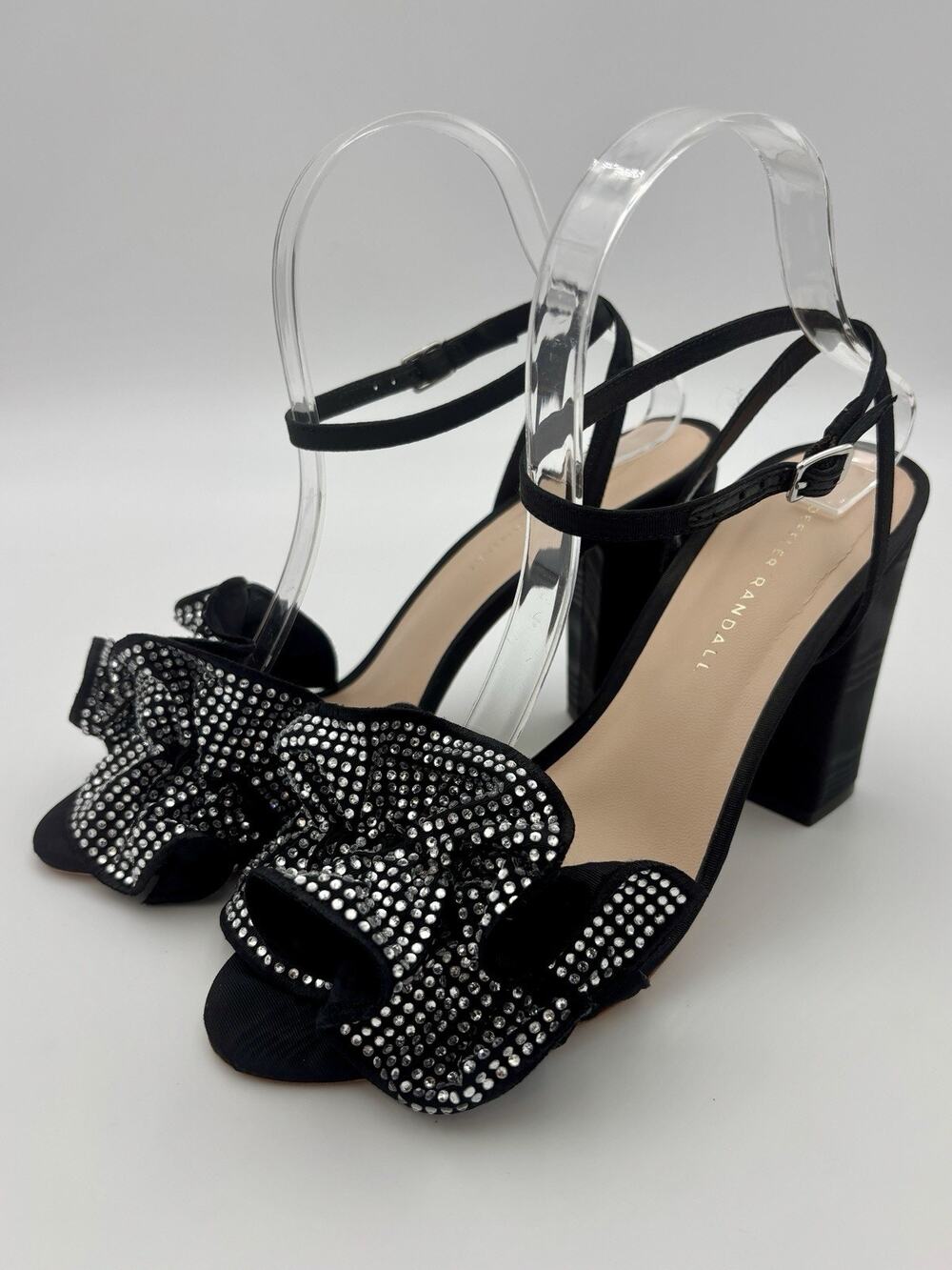 Loeffler Randall Ruffle Sandal Heels Black Moire Rhinestone Size 8 B